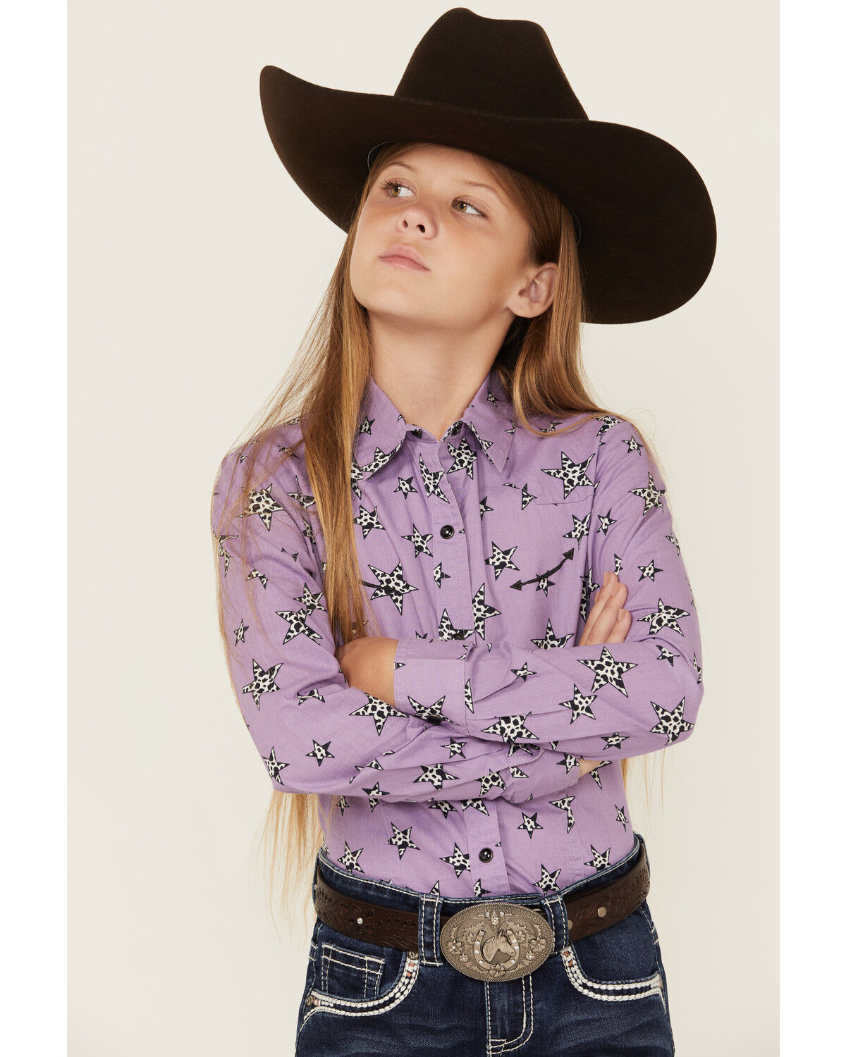 Image #1 - Cruel Girl Girls' Star Print Long Sleeve Snap Western Shirt, Purple, hi-res