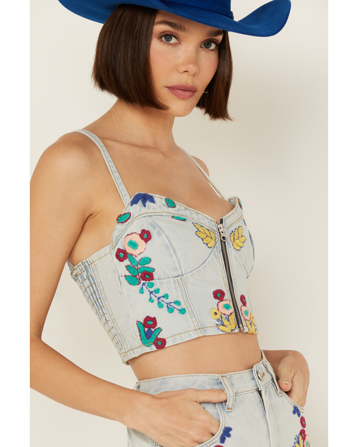 Image #3 - Blank NYC Women's Light Wash Picnic Date Embroidered Denim Crop Top, Blue, hi-res