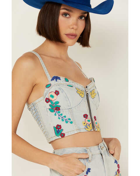 Image #3 - Blank NYC Women's Light Wash Picnic Date Embroidered Denim Crop Top , Blue, hi-res
