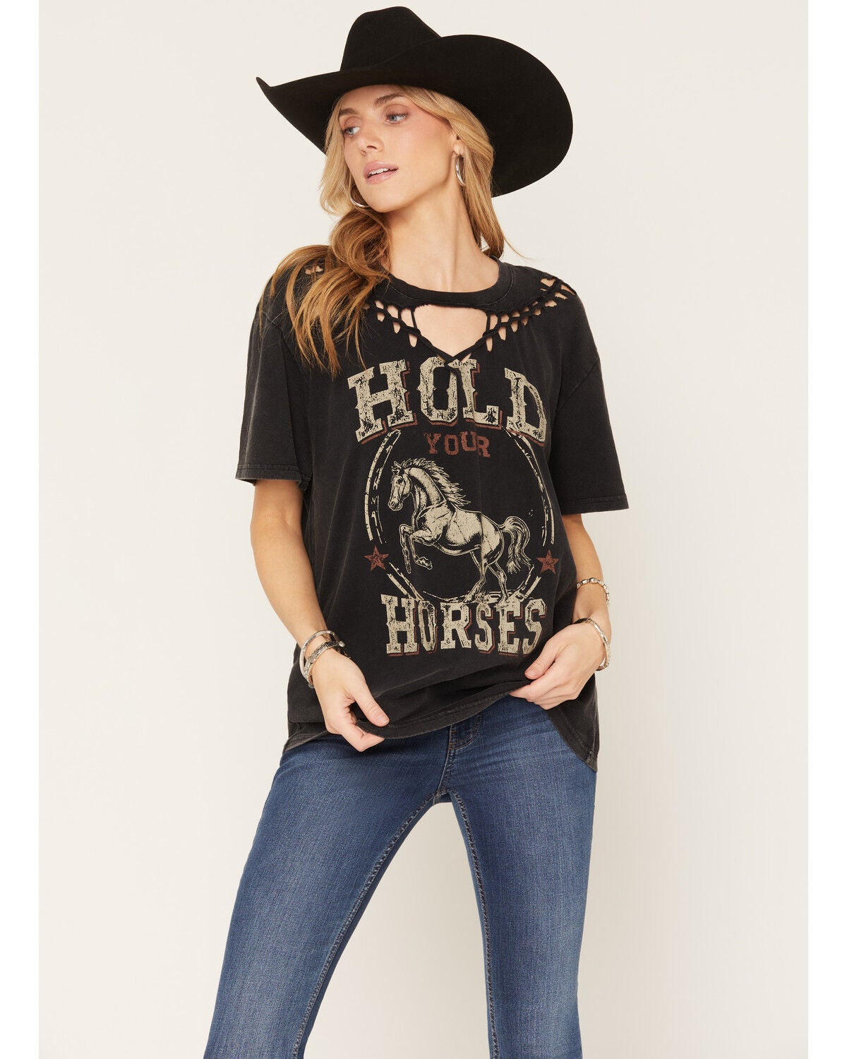 Nikxie Women's Hold Your Horses Braided Neck Short Sleeve Graphic Tee, Black, hi-res