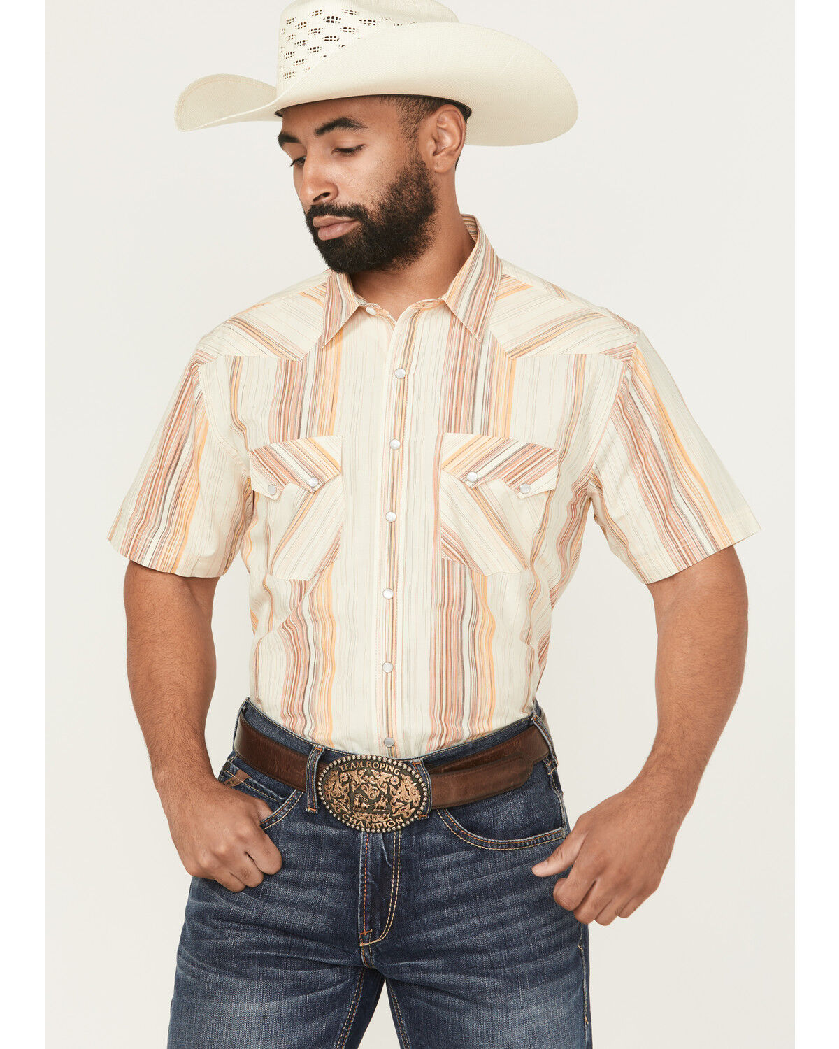 Image #1 - Panhandle Slim Men's Stripe Print Short Sleeve Snap Western Shirt, Cream, hi-res