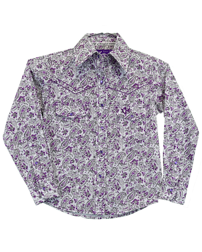 Cowgirl Hardware Toddler-Girls' Paisley Floral Print Purple Long Sleeve Snap Shirt, Purple, hi-res