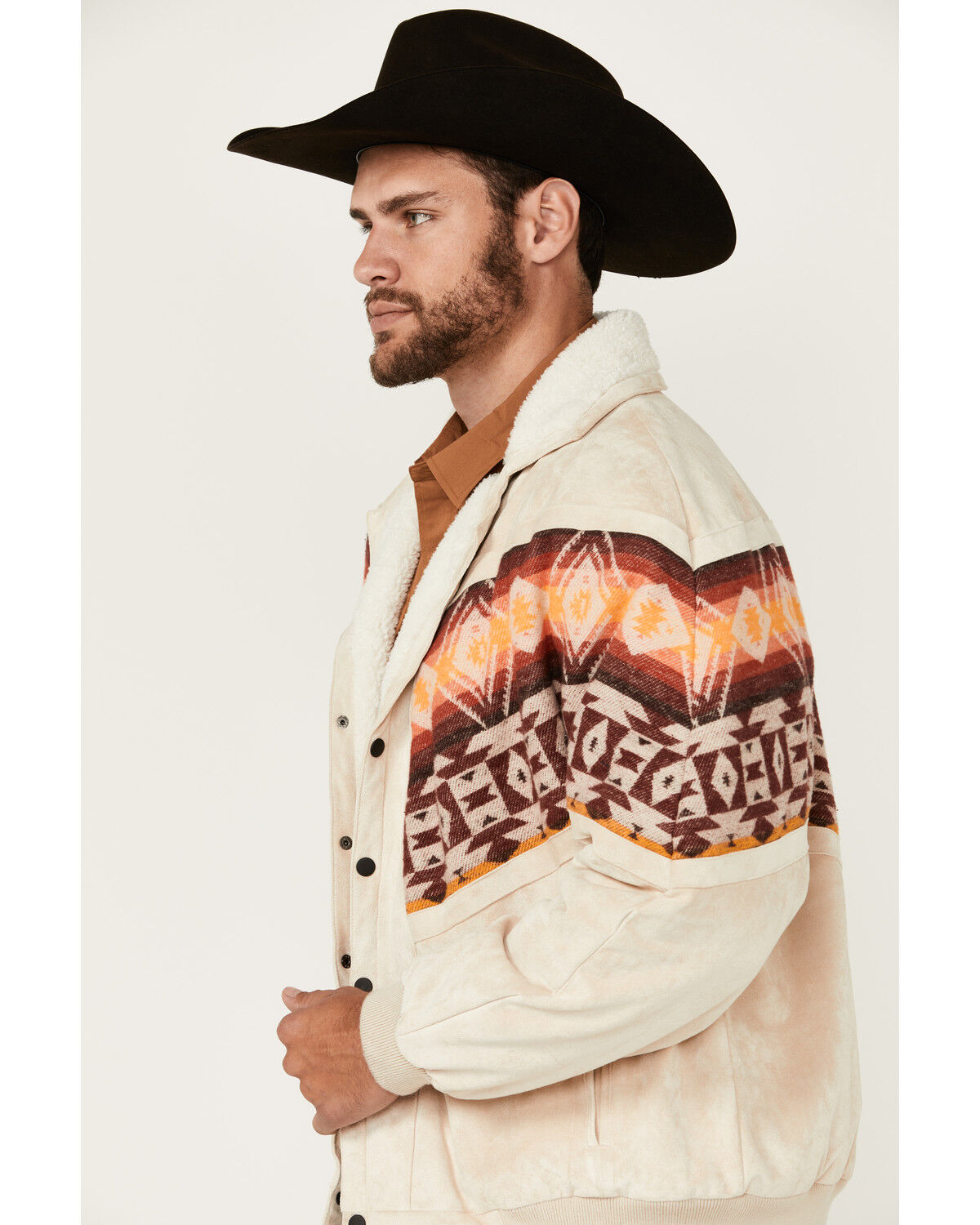 Image #2 - Rock & Roll Denim Men's Southwestern Border Microsuede Snap Bomber Jacket, Cream, hi-res