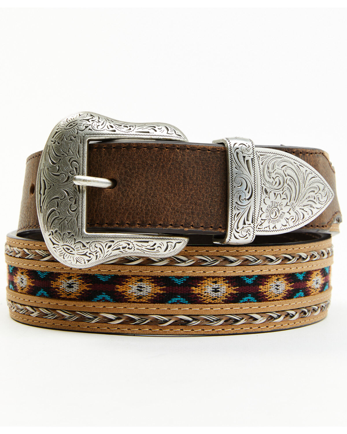 Image #1 - Cody James Brown 3-Piece Horse Hair Laced Southwest Inlay Belt, , hi-res