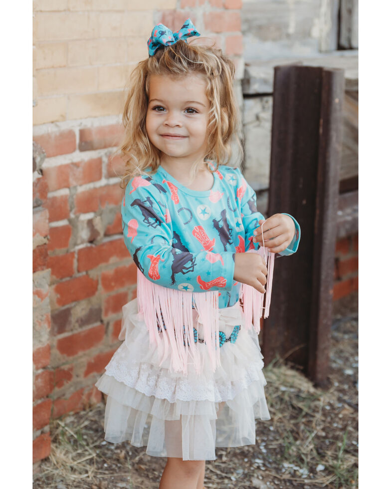 Shea Baby Toddler Girls' Turquoise Cowgirl Print Long Sleeve Fringe Top , Turquoise, hi-res