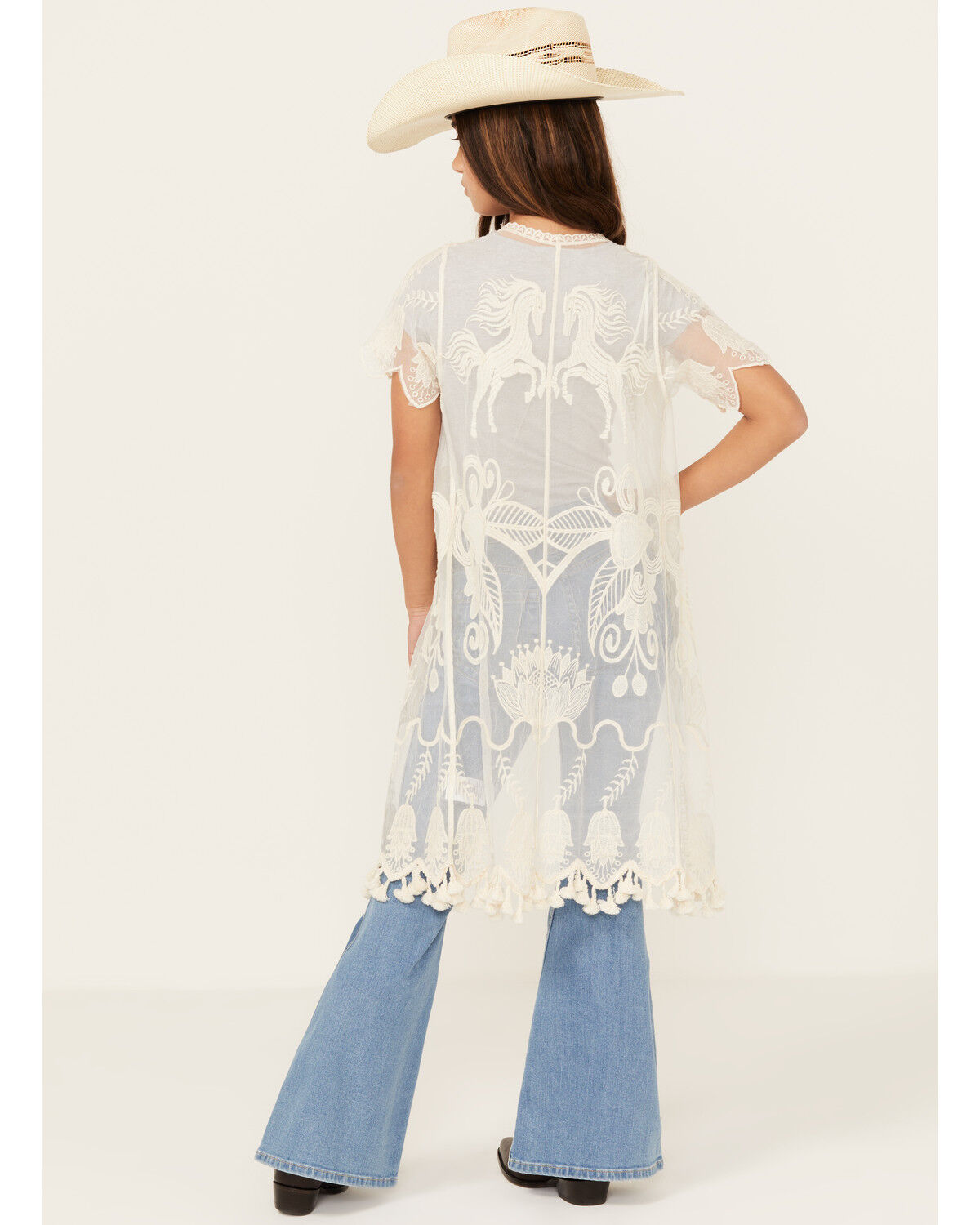 Image #4 - Shyanne Girls' Yee Haw Embroidered Lace Kimono, Cream, hi-res