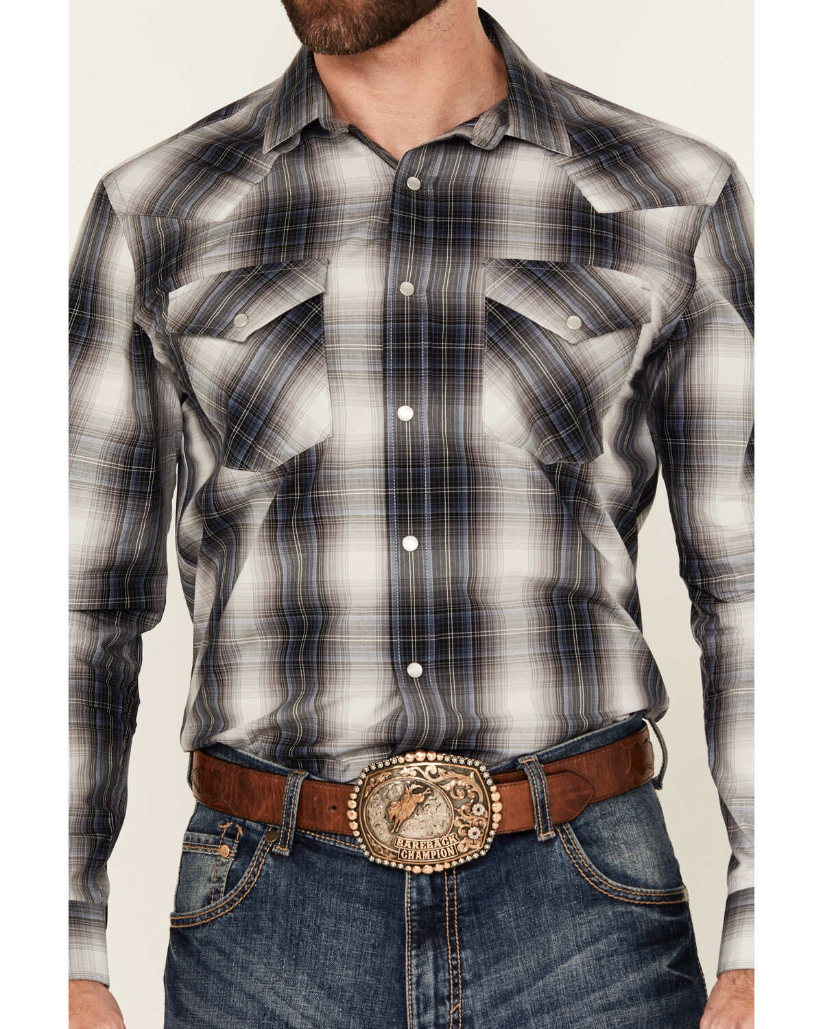 Image #3 - Pendleton Men's Frontier Plaid Print Long Sleeve Pearl Snap Western Shirt, Blue, hi-res