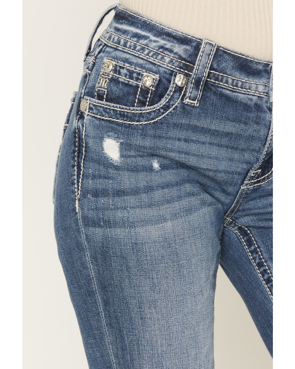 Image #4 - Miss Me Women's Medium Wash Mid Rise Americana Pocket Bootcut Stretch Denim Jeans, Medium Wash, hi-res
