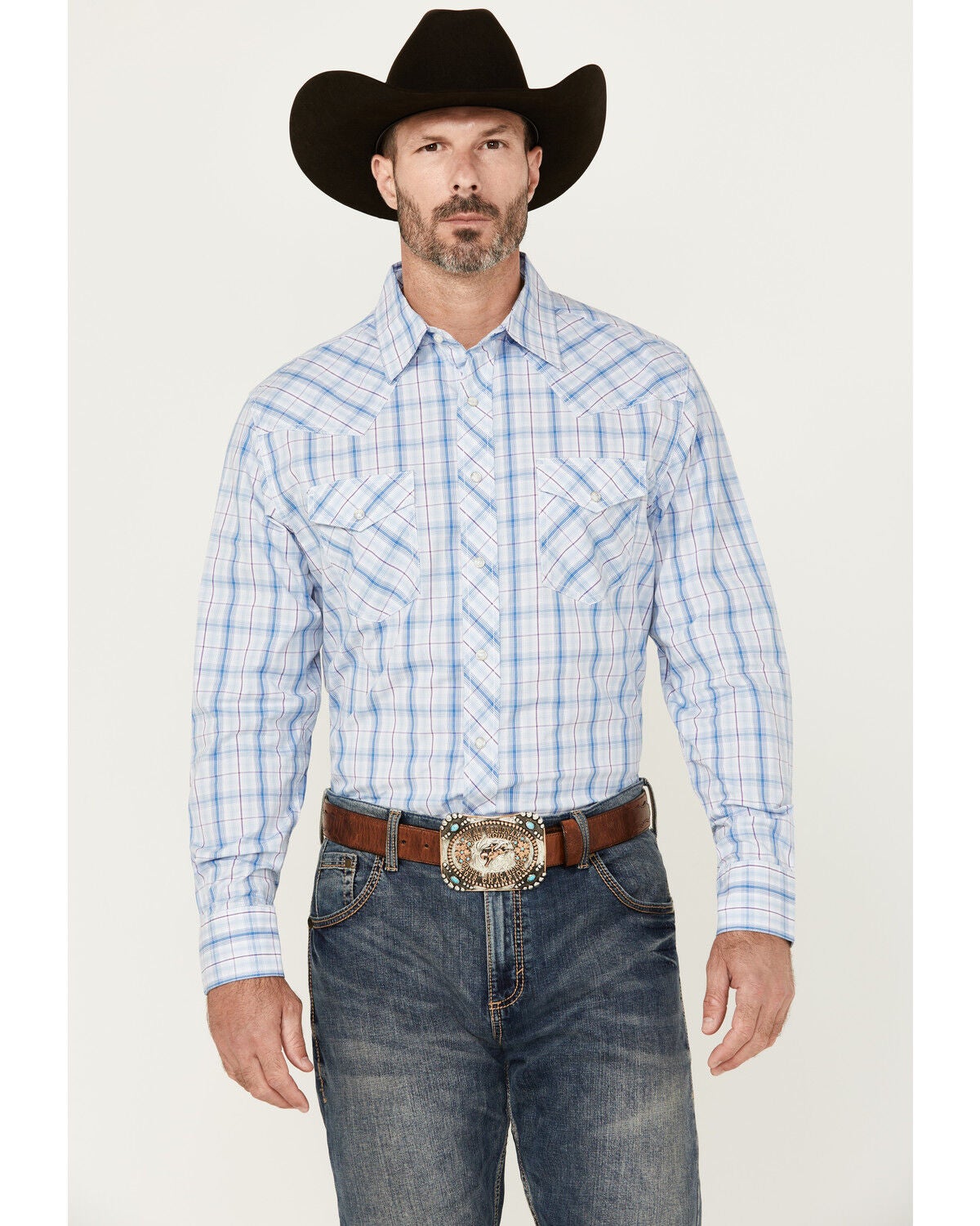 Wrangler 20X Men's Plaid Print Long Sleeve Snap Stretch Western Shirt, Blue, hi-res