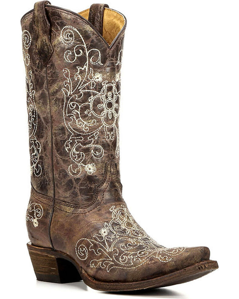 Corral Girls' Brown Cowhide Embroidered Cowgirl Boot - Snip Toe, Brown, hi-res