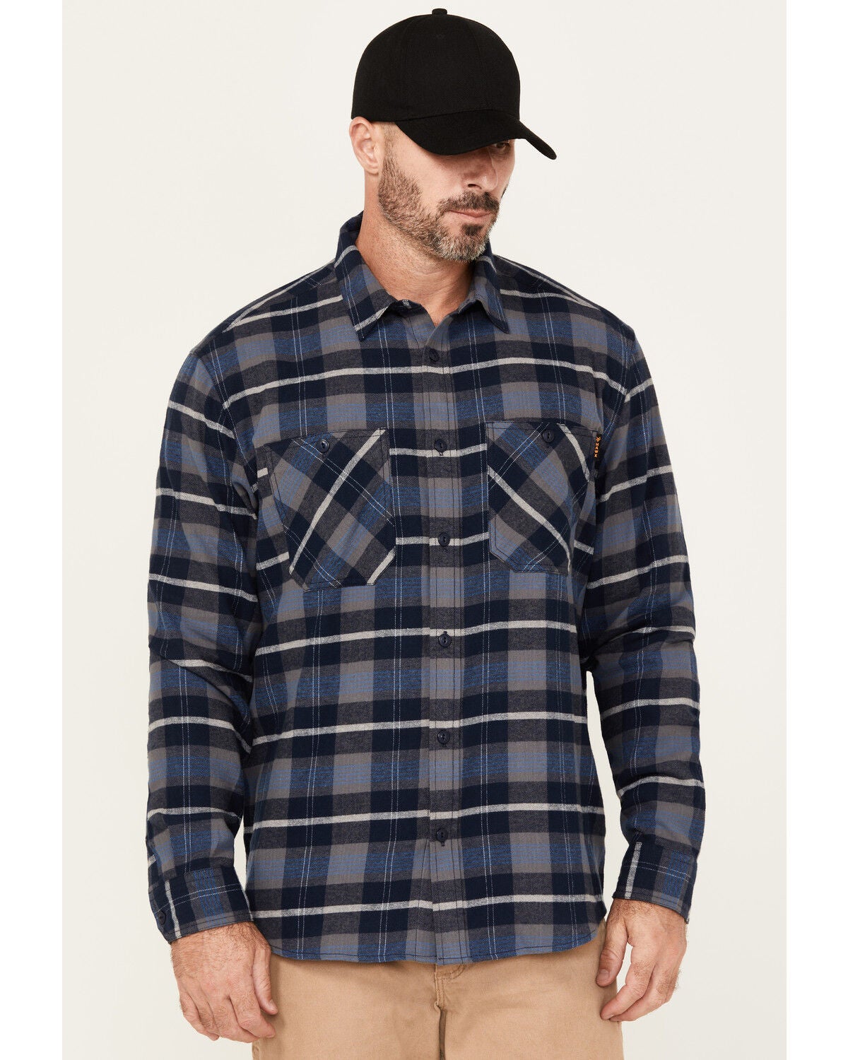 Hawx Men's Ball Plaid Print Long Sleeve Button-Down Flannel Work Shirt, Navy, hi-res