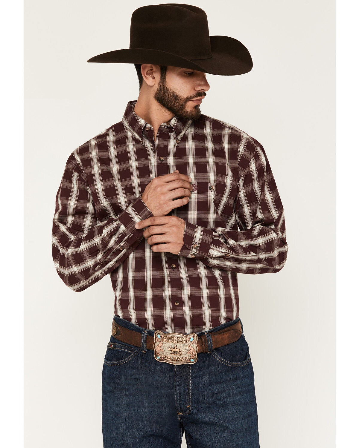 Image #1 - George Straight by Wrangler Men's Plaid Print Long Sleeve Button-Down Stretch Western Shirt, Burgundy, hi-res
