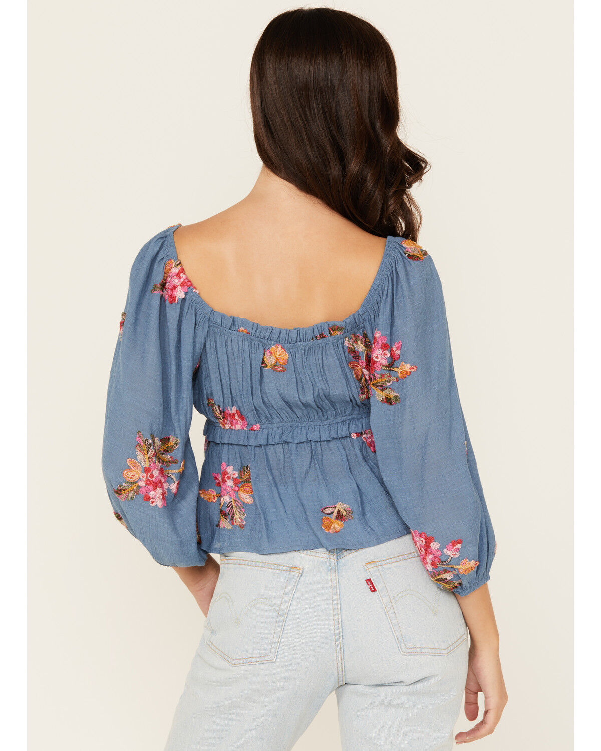 Image #4 - Wild Moss Women's Floral Embroidered 3/4 Sleeve Top, Blue, hi-res