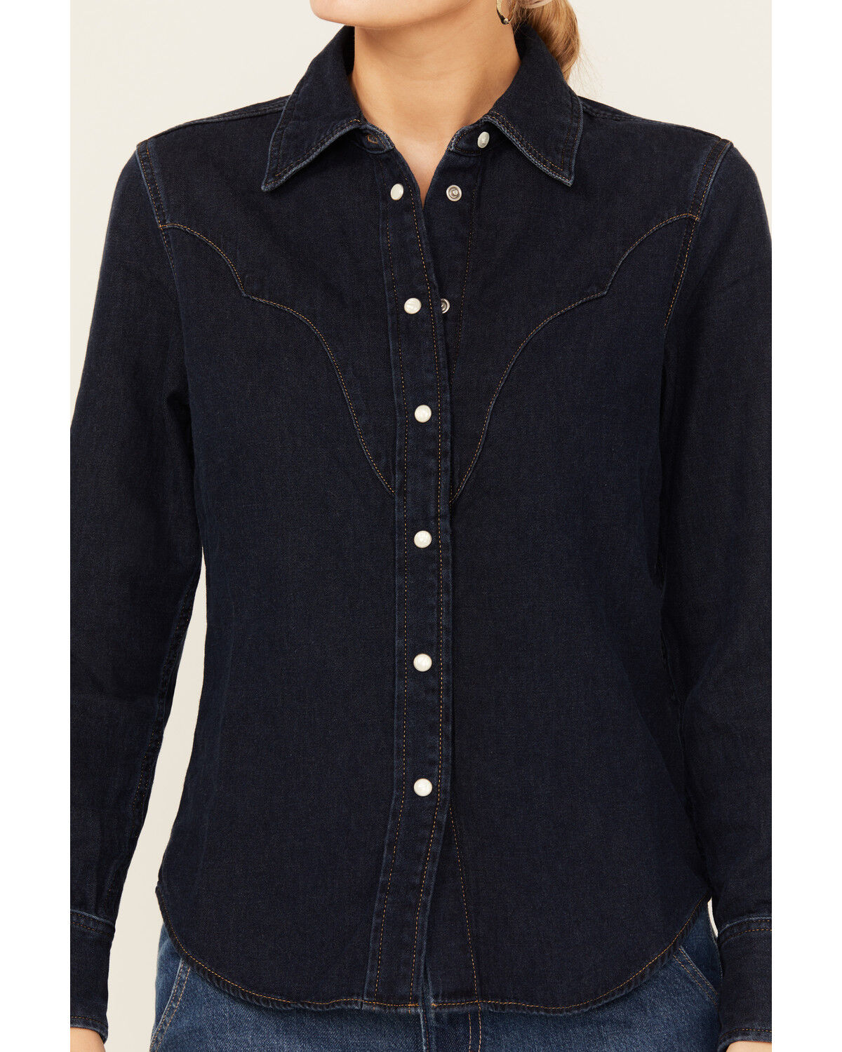 Image #3 - Wrangler Women's Dark Wash Slim Yoke Long Sleeve Pearl Snap Western Shirt, Dark Wash, hi-res