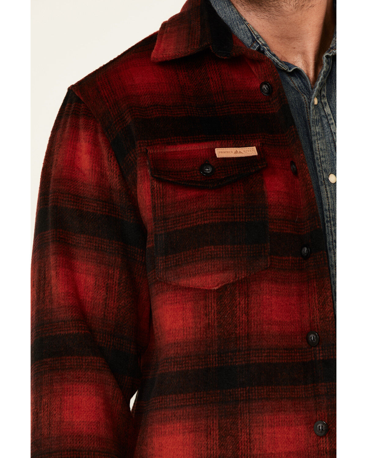 Image #3 - Powder River Outfitters Men's Red Ombre Plaid Wool Button-Front Shirt Jacket, Black/red, hi-res