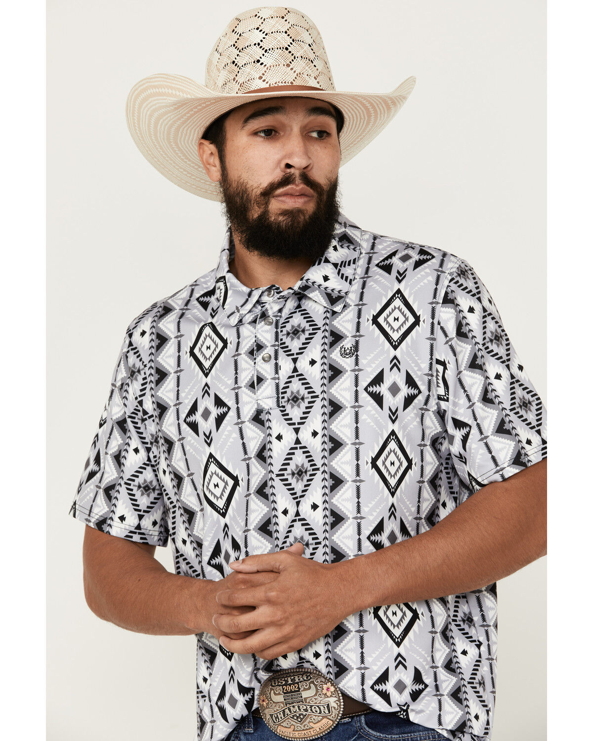 Image #2 - Panhandle Men's Southwestern Print Short Sleeve Performance Polo Shirt, Charcoal, hi-res