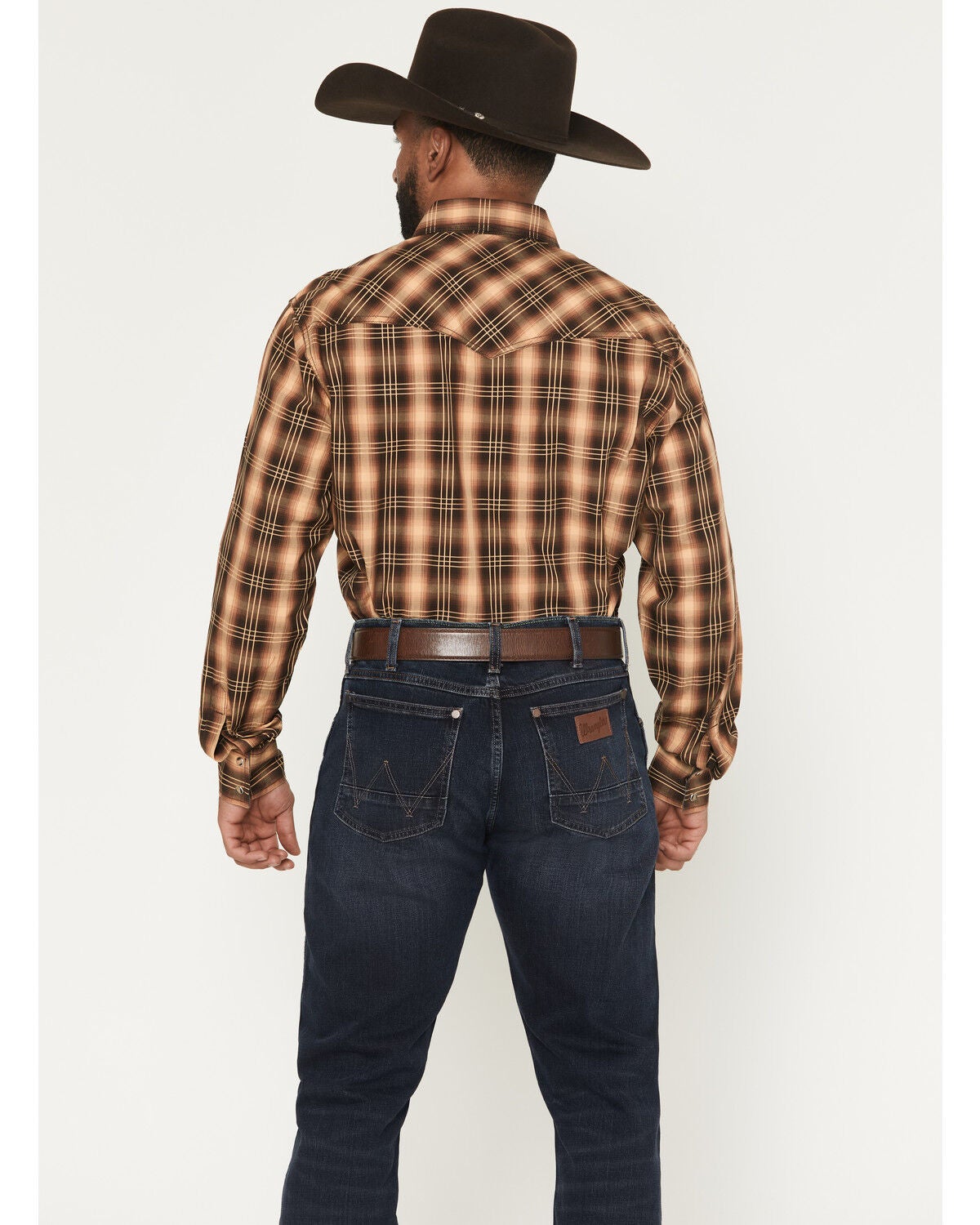 Image #4 - Wrangler Retro Men's Premium Plaid Print Long Sleeve Snap Western Shirt, Brown, hi-res