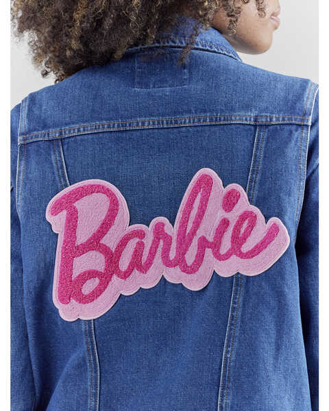 Image #3 - Wrangler® X Barbie™ Women's Dark Wash Barbie™ Logo Zip Front Denim Jacket , Dark Wash, hi-res