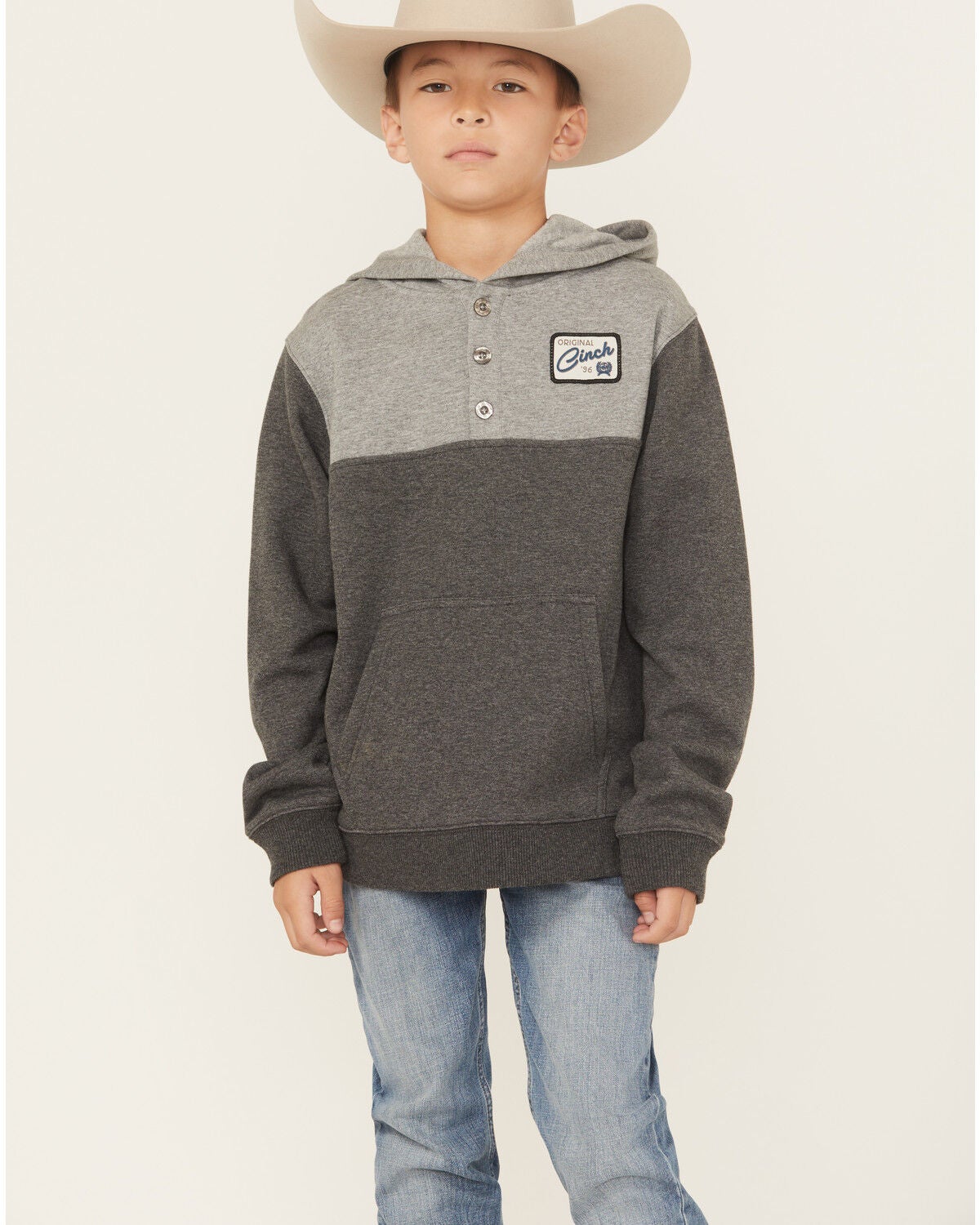 Cinch Boys' 1/4 Button-Down Hooded Pullover, Charcoal, hi-res