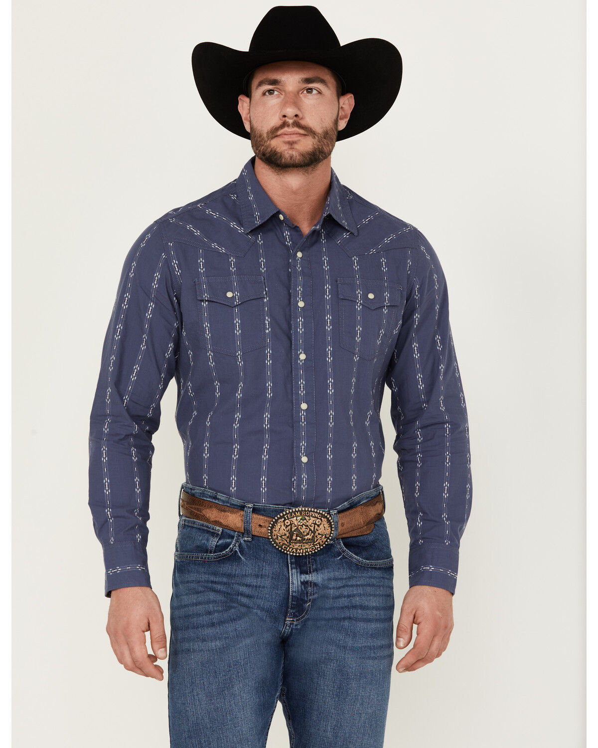 Image #1 - Wrangler Retro Men's Premium Linear Print Long Sleeve Snap Western Shirt, Blue, hi-res