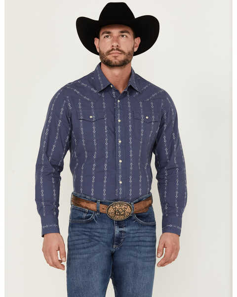 Image #1 - Wrangler Retro Men's Premium Linear Print Long Sleeve Snap Western Shirt , Blue, hi-res
