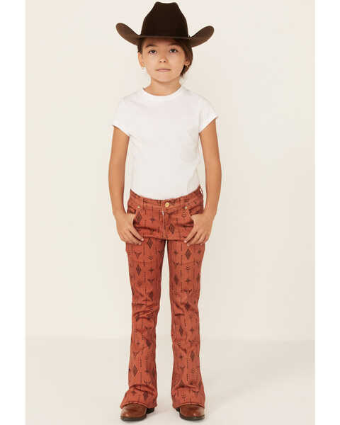 Ranch Dress'n Girls' Southwestern Steerhead Print Stretch Super Flare Jeans , Brown, hi-res