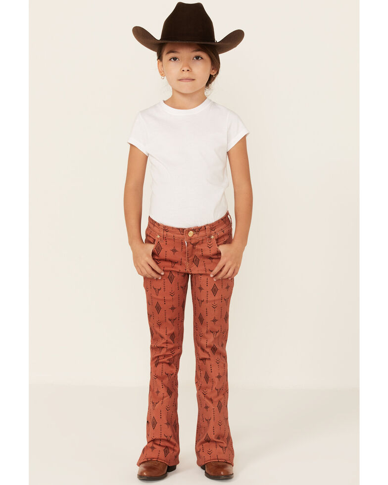 Ranch Dress'n Girls' Taos Brown Southwestern Steerhead Print Stretch Super Flare Jeans , Brown, hi-res