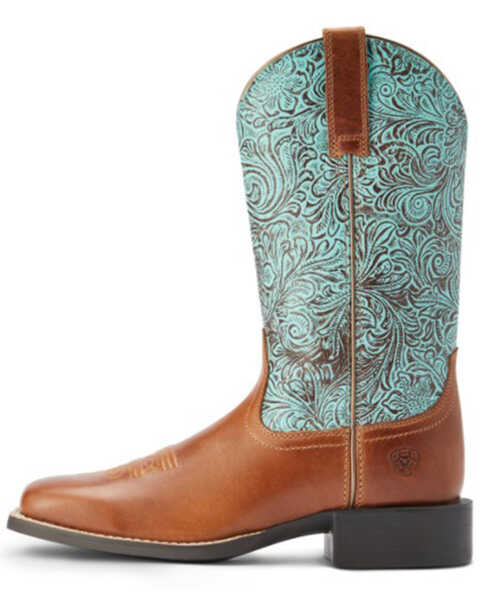 Ariat Women's Round Up Embossed Floral Print Performance Western Boots - Broad Square Toe , Brown, hi-res