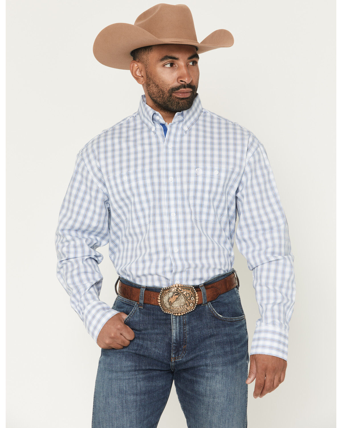 Image #1 - George Strait by Wrangler Men's Plaid Print Long Sleeve Button-Down Stretch Western Shirt, White, hi-res