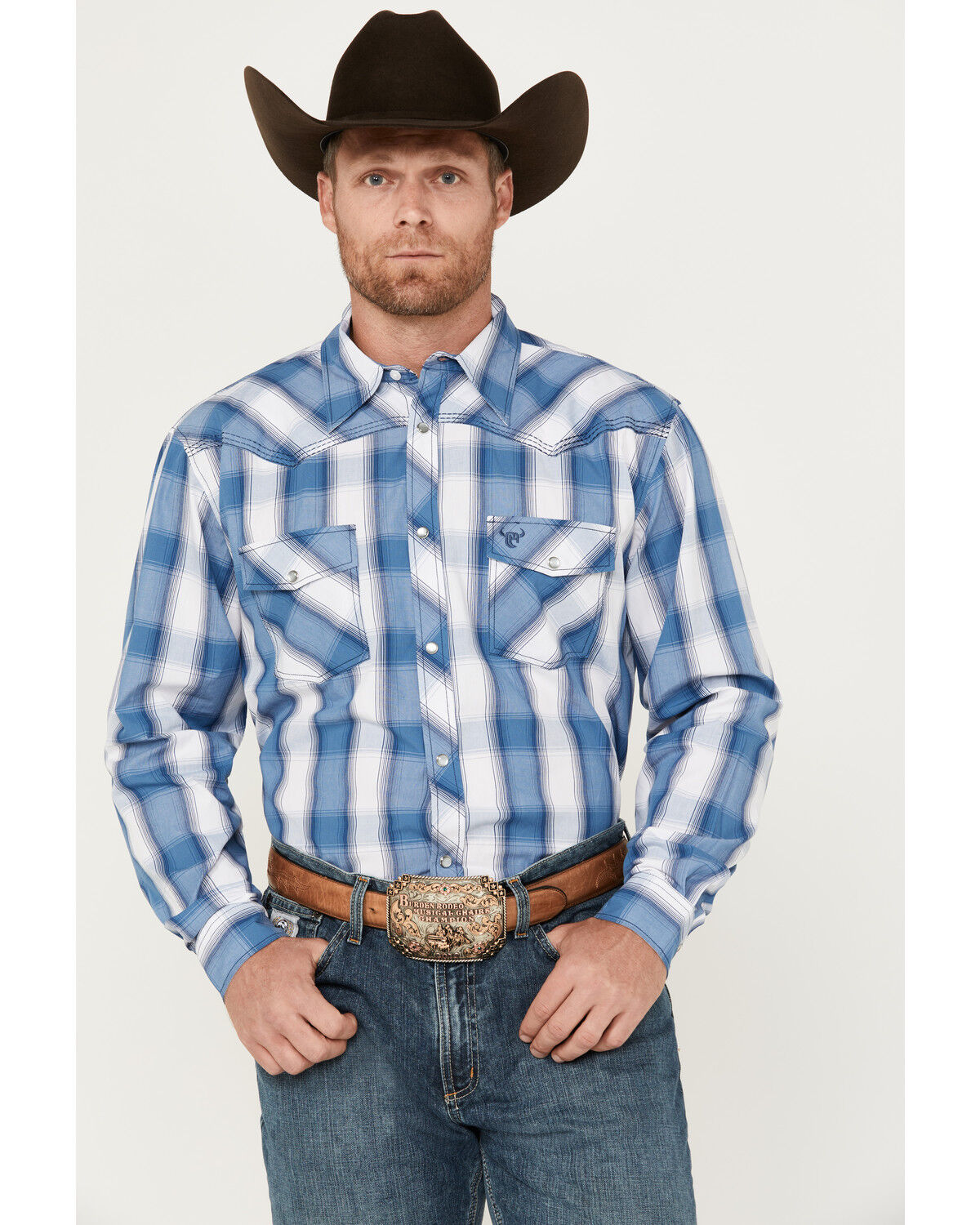 Image #1 - Cowboy Hardware Men's Hombre Plaid Print Long Sleeve Pearl Snap Western Shirt, Blue, hi-res
