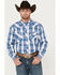 Image #1 - Cowboy Hardware Men's Hombre Plaid Print Long Sleeve Pearl Snap Western Shirt, Blue, hi-res
