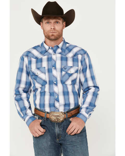 Cowboy Hardware Men's Hombre Plaid Print Long Sleeve Pearl Snap Western Shirt, Blue, hi-res