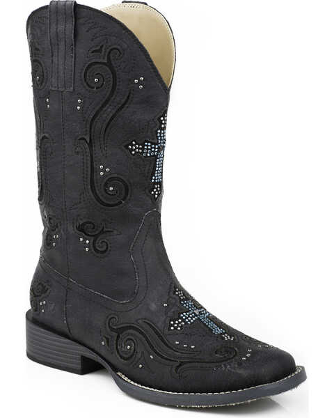 Roper Women's Bling Crystal Cross Faux Western Boots - Square Toe, Black, hi-res
