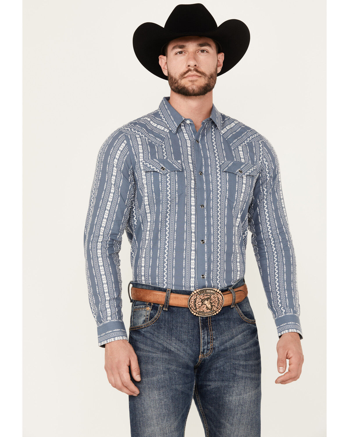 Image #1 - Cody James Men's War Hunt Southwestern Striped Print Long Sleeve Snap Western Shirt, White, hi-res
