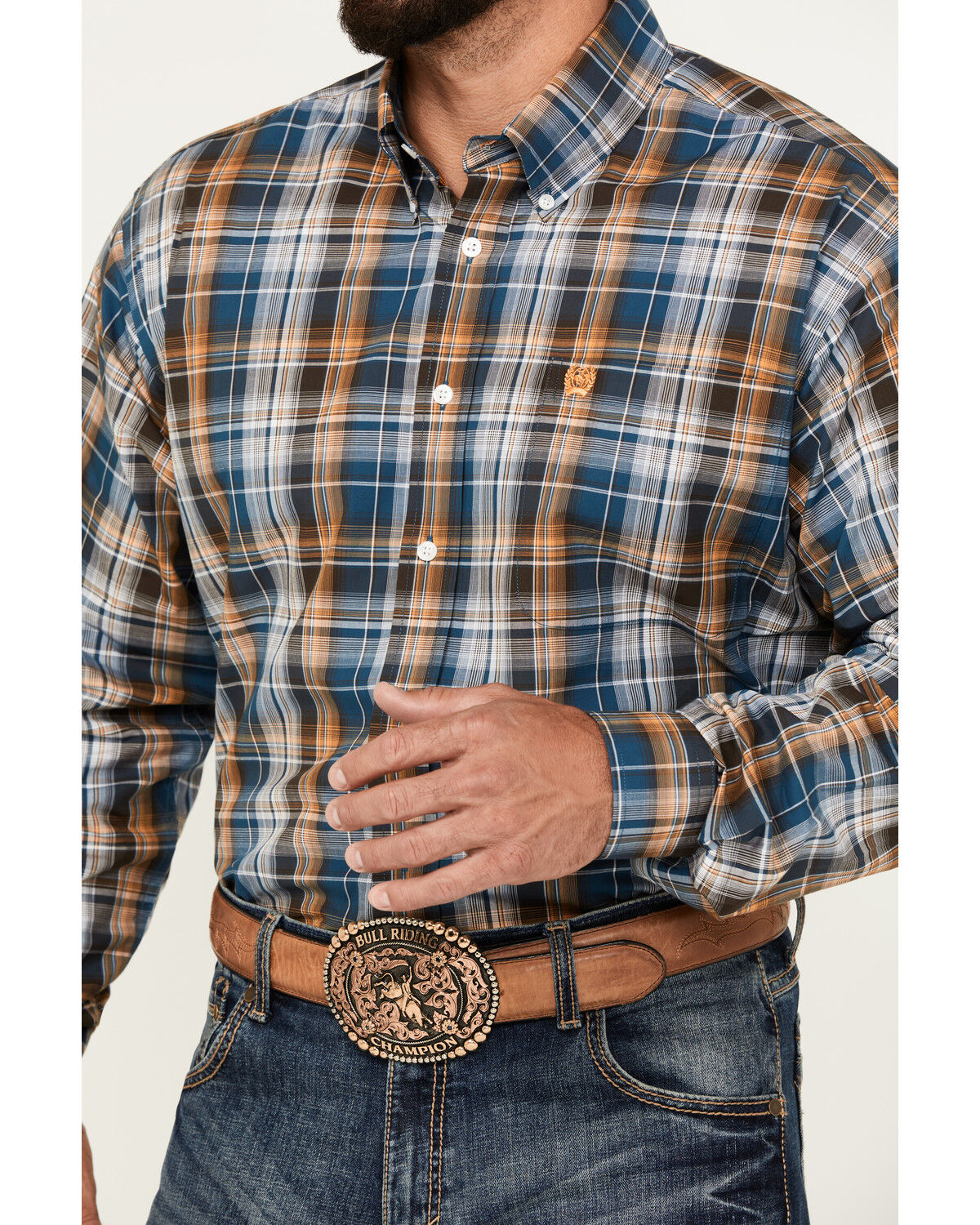 Image #3 - Cinch Men's Plaid Print Long Sleeve Button-Down Western Shirt, Blue, hi-res