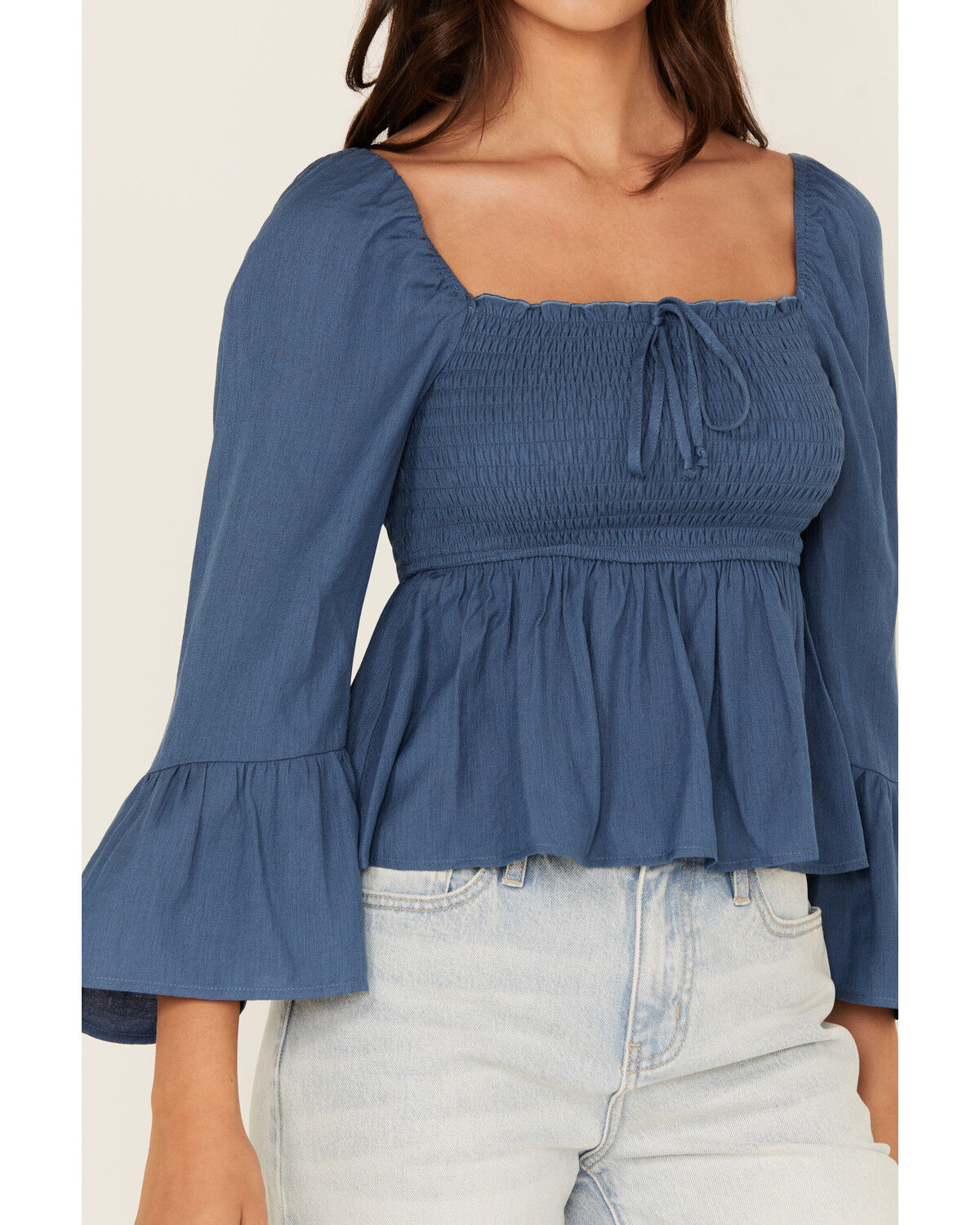 Image #3 - Ash & Violet Women's Smocked Front Bell Sleeve Top, Teal, hi-res