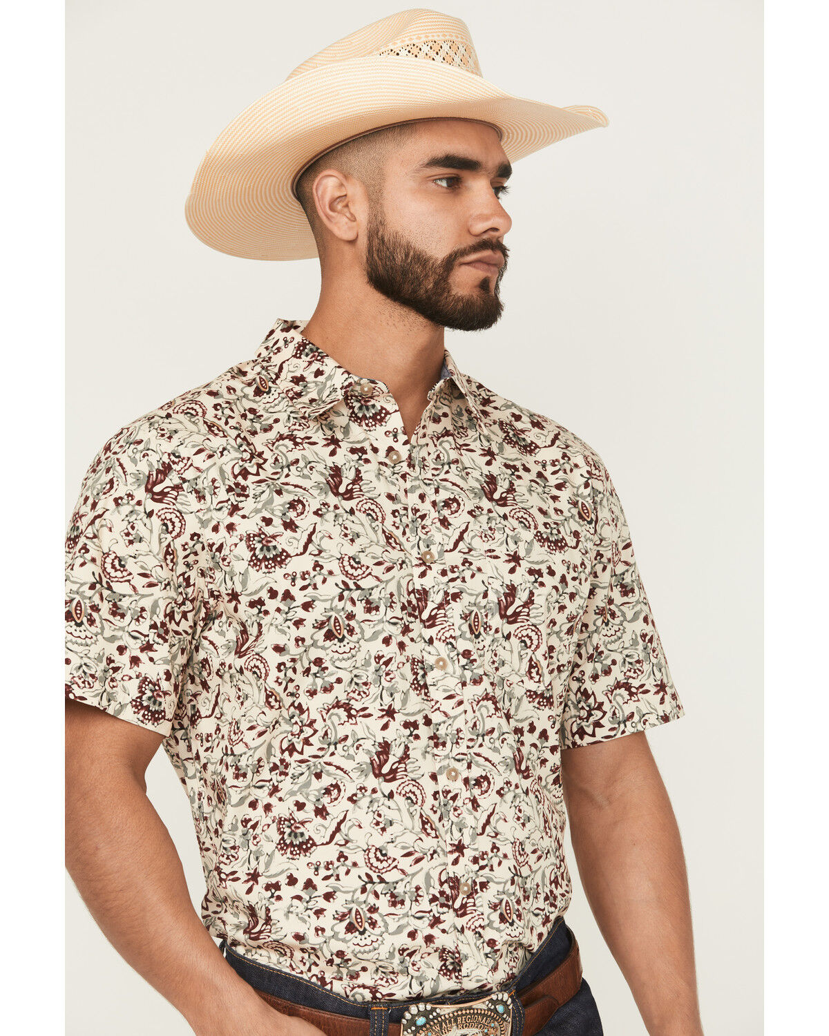 Image #2 - Cody James Men's Red River Floral Print Short Sleeve Button-Down Stretch Western Shirt, Tan, hi-res