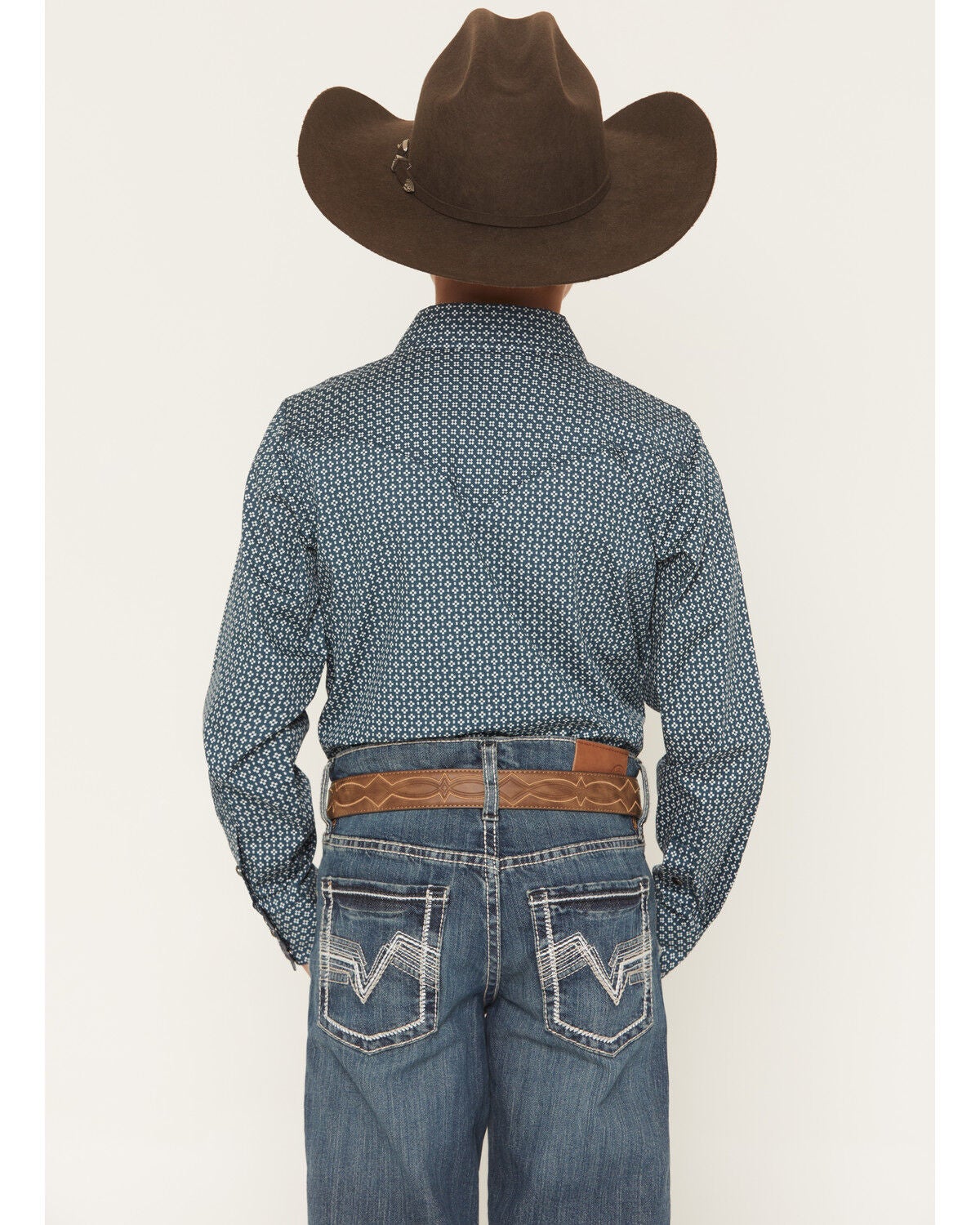 Image #4 - Cody James Boys' Bourbon Geo Print Long Sleeve Pearl Snap Western Shirt, Navy, hi-res
