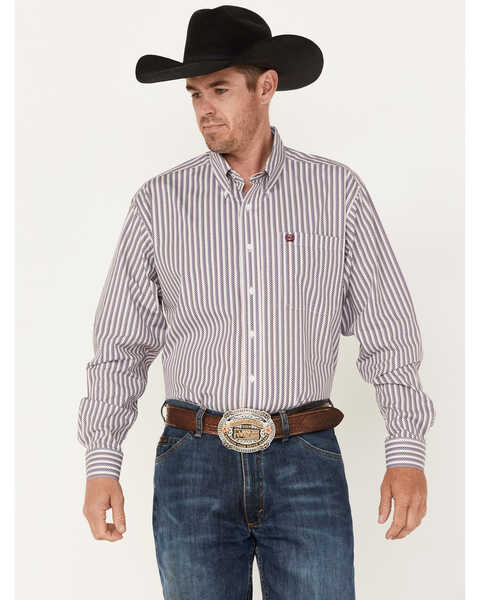 Cinch Men's Vertical Stripe Button Down Western Shirt , White, hi-res