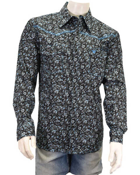 Image #1 - Cowboy Hardware Men's Range Floral Print Long Sleeve Pearl Snap Western Shirt, Black, hi-res