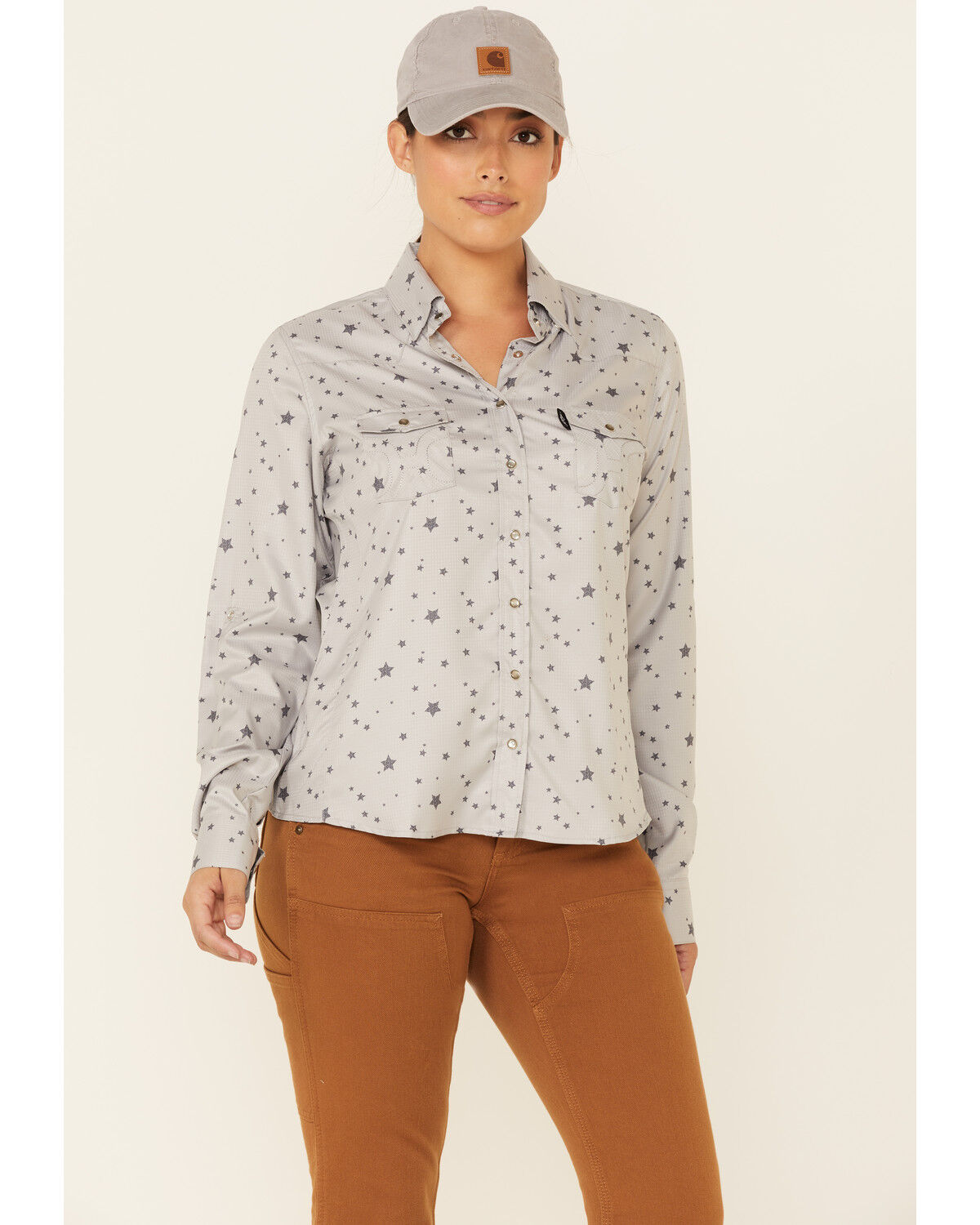Image #1 - Hooey Women's Star Print Habitat Sol Lightweight Long Sleeve Pearl Snap Western Core Shirt, Grey, hi-res