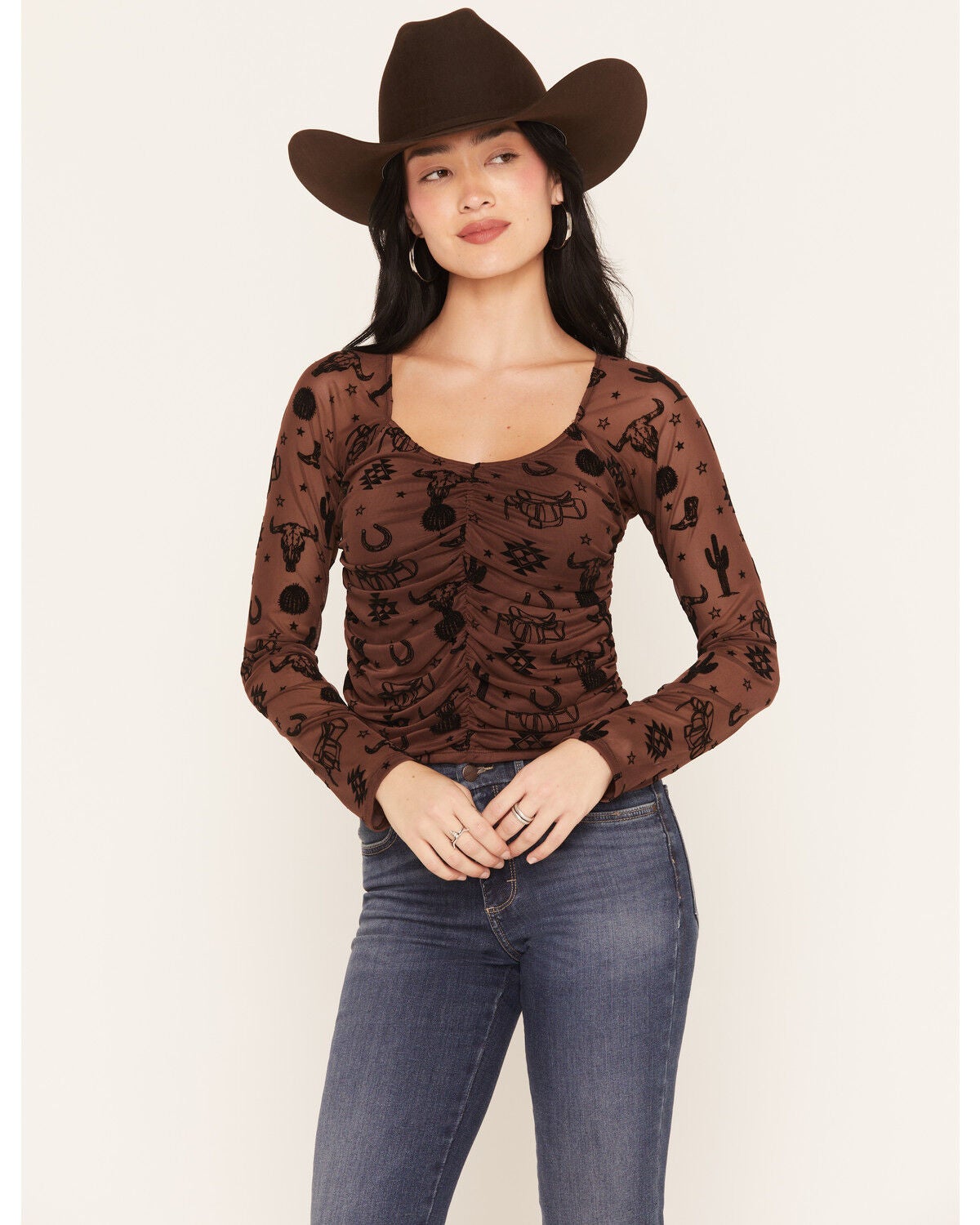 Image #1 - Rock & Roll Denim Women's Western Print Long Sleeve Mesh Top, Brown, hi-res
