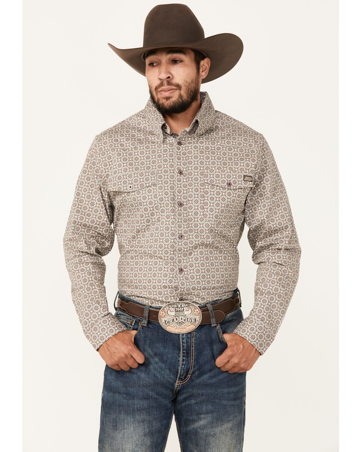 Image #1 - Justin Men's Boot Barn Exclusive Medallion Print Long Sleeve Button-Down Stretch Western Shirt, , hi-res