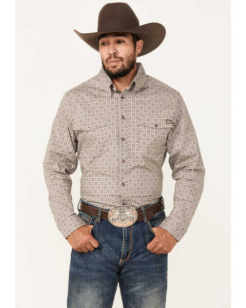 Image #1 - Justin Men's Boot Barn Exclusive Medallion Print Long Sleeve Button-Down Stretch Western Shirt, Charcoal, hi-res