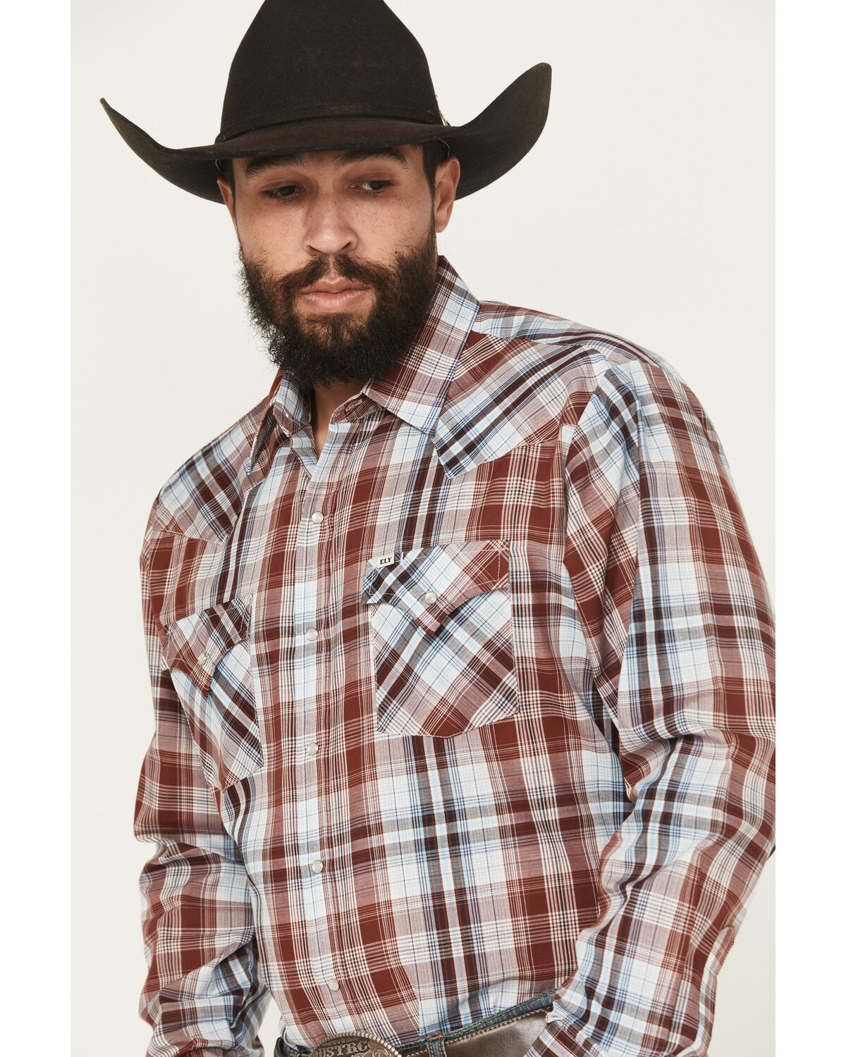 Image #2 - Ely Walker Men's Plaid Print Long Sleeve Pearl Snap Western Shirt, Burgundy, hi-res