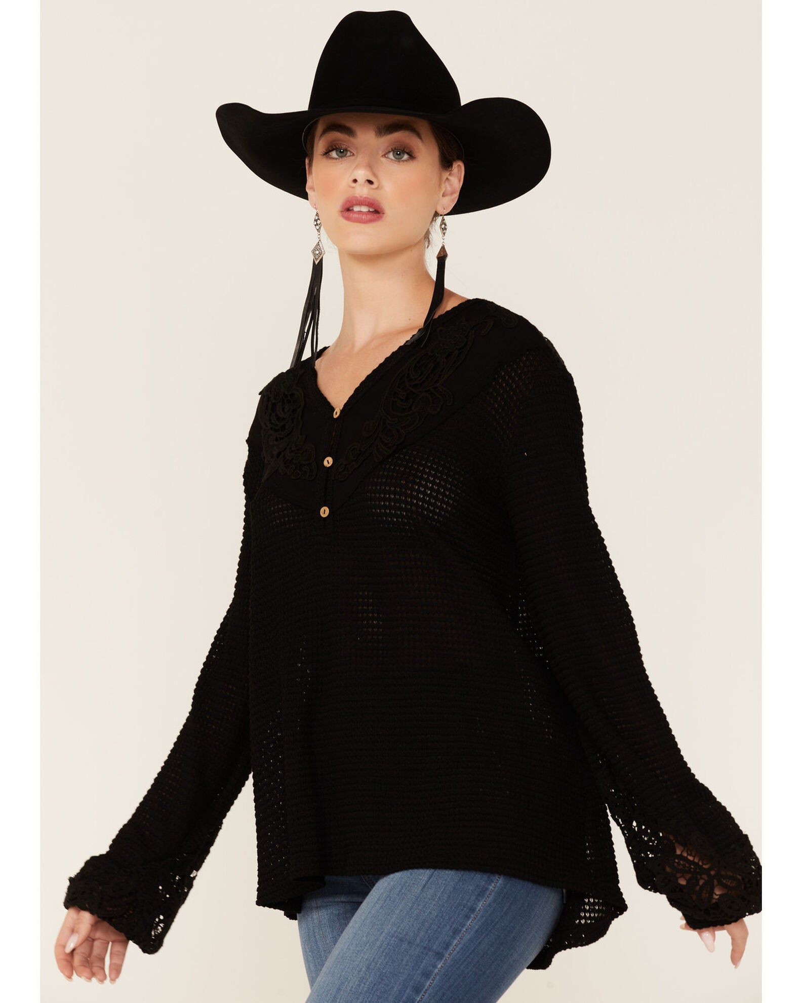 Product Name Miss Me Women's Crochet Yoke Bell Sleeve Top