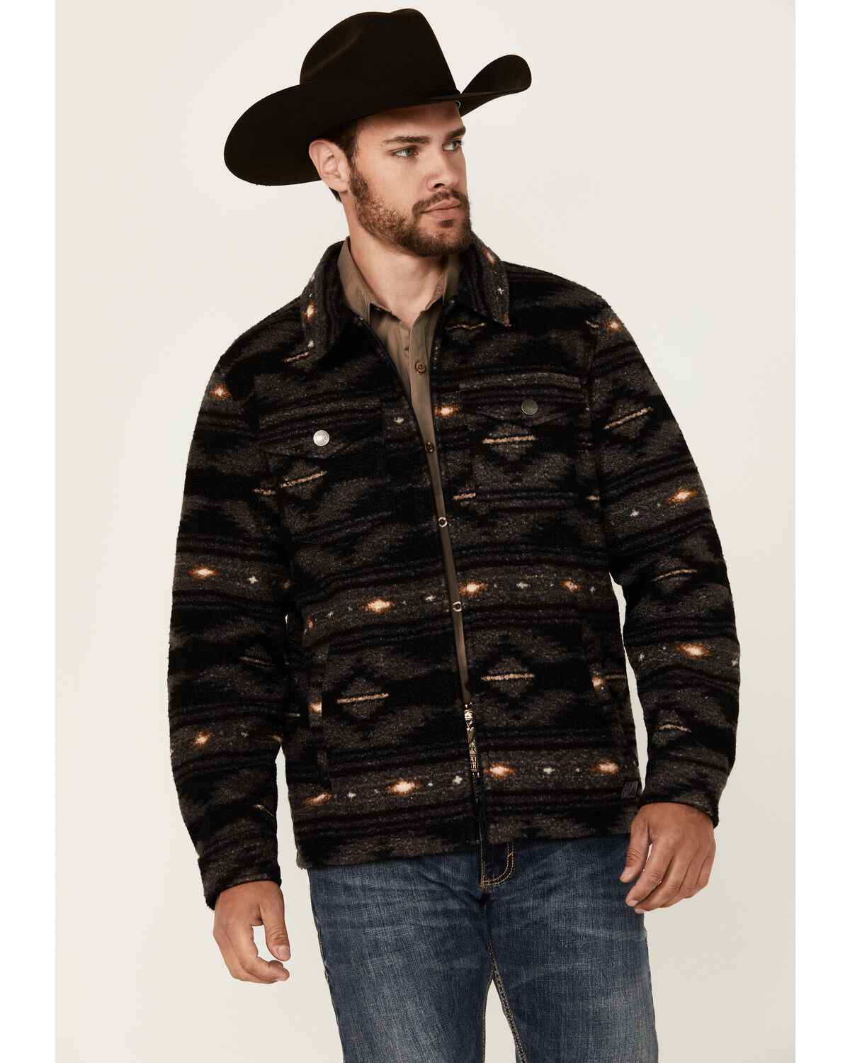 Image #1 - Powder River Outfitters Men's Southwestern Print Berber Zip Jacket, Black, hi-res