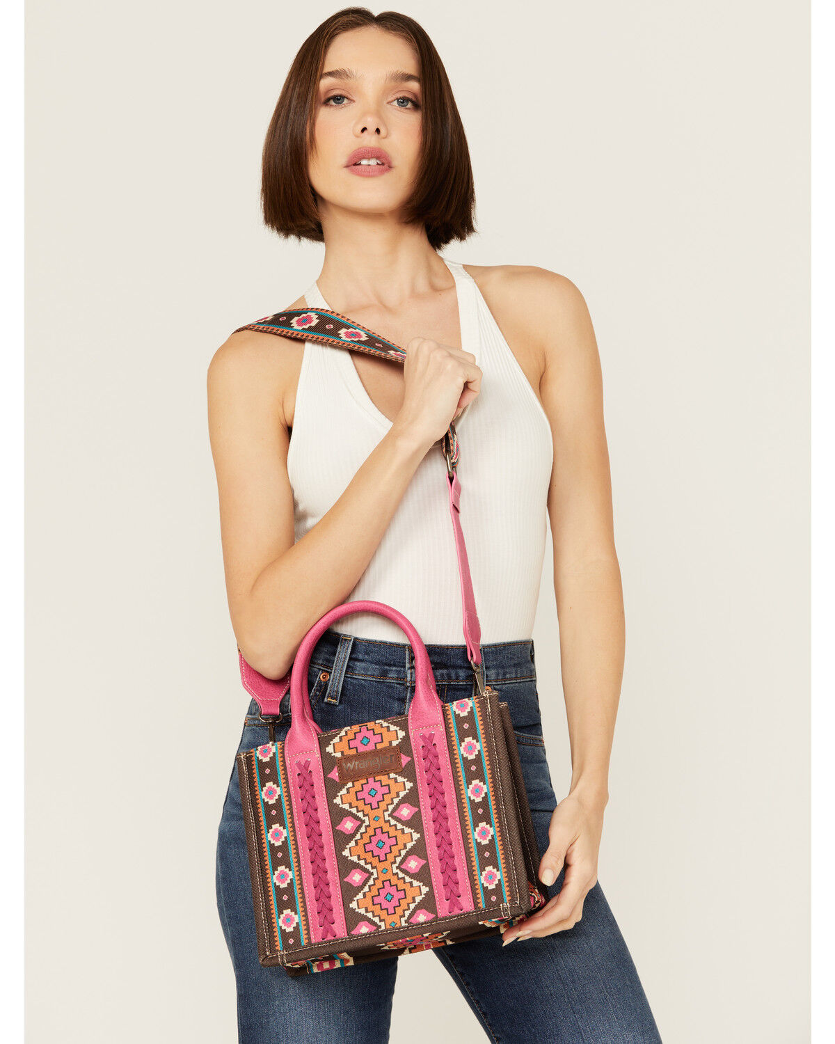 Image #1 - Wrangler Women's Southwestern Print Small Canvas Crossbody Bag, Pink, hi-res