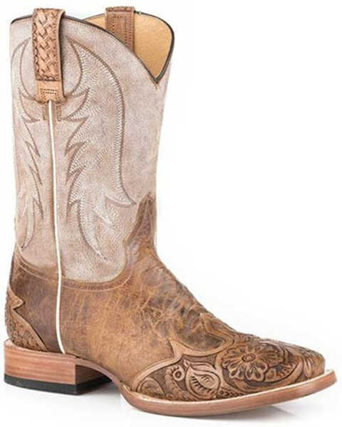 Stetson Men's Diego Tooled Wingtip Western Boots - Broad Square Toe , Tan, hi-res