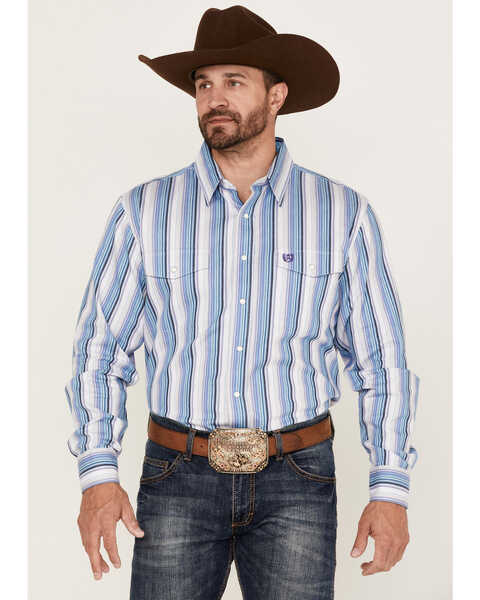 Panhandle Select Men's Serape Striped Print Long Sleeve Snap Western Shirt , Blue, hi-res